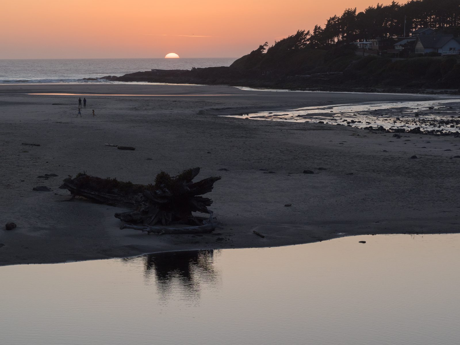 Sunset over the Oregon coast at low tide, with driftwood and tide-channel reflections in the foreground